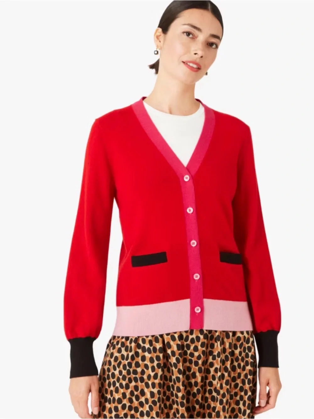 kate spade Red & Pink Colorblock V-Neck Cardigan with Black Accents